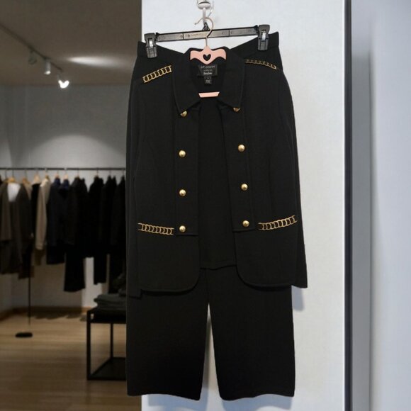 St. John Caviar Knit Pantsuit  with Military Gold Chain Jacket  Sz 12 - Picture 1 of 10